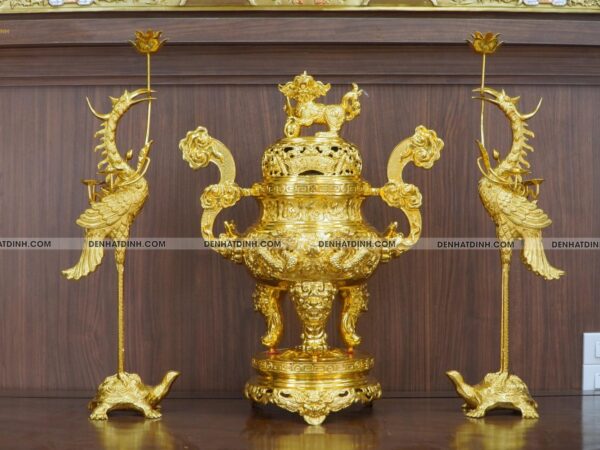 Bộ đỉnh đồng tam sự Cuốn Thư 65 hoa văn dát vàng 24K