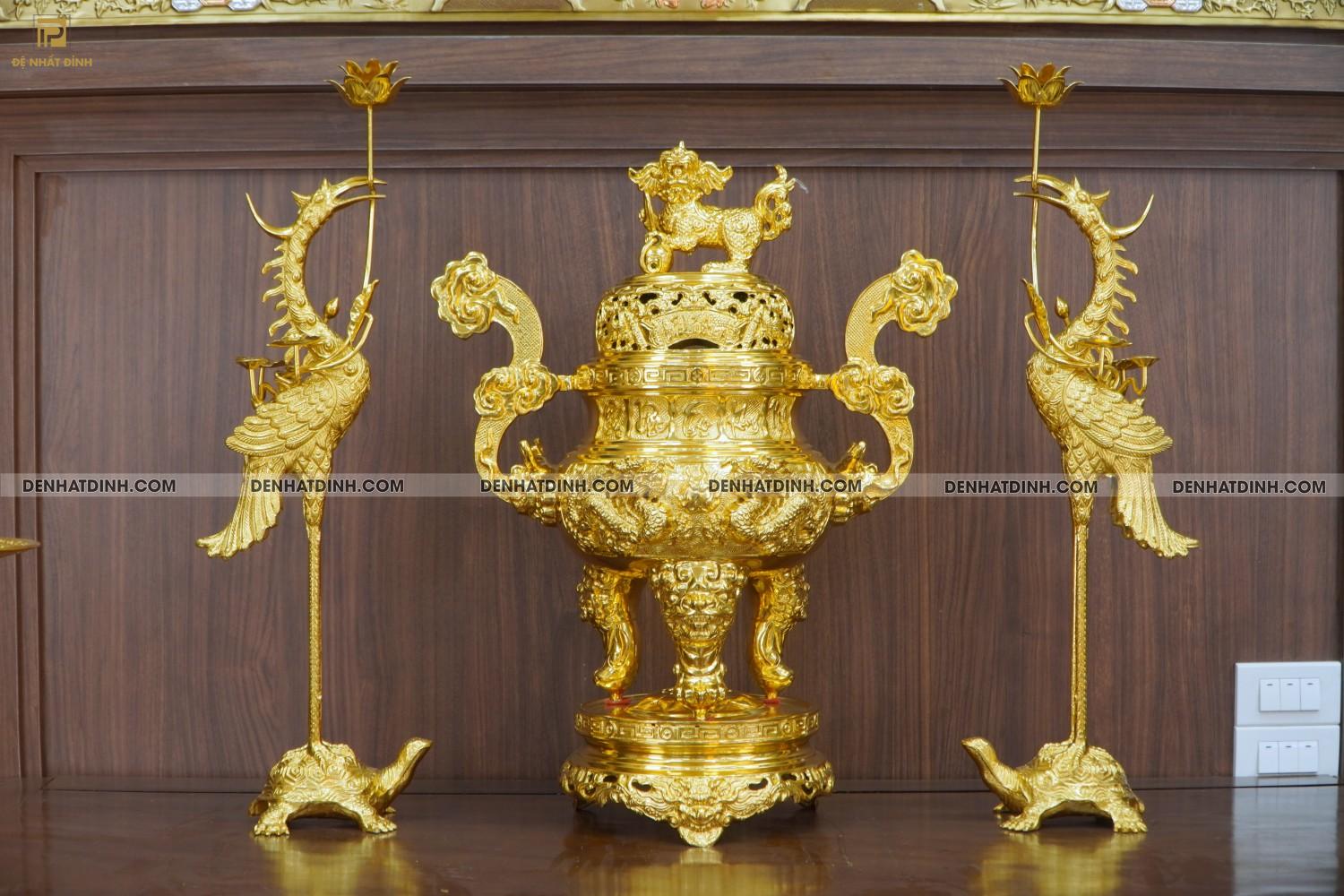 Bộ đỉnh đồng tam sự Cuốn Thư 65 hoa văn dát vàng 24K