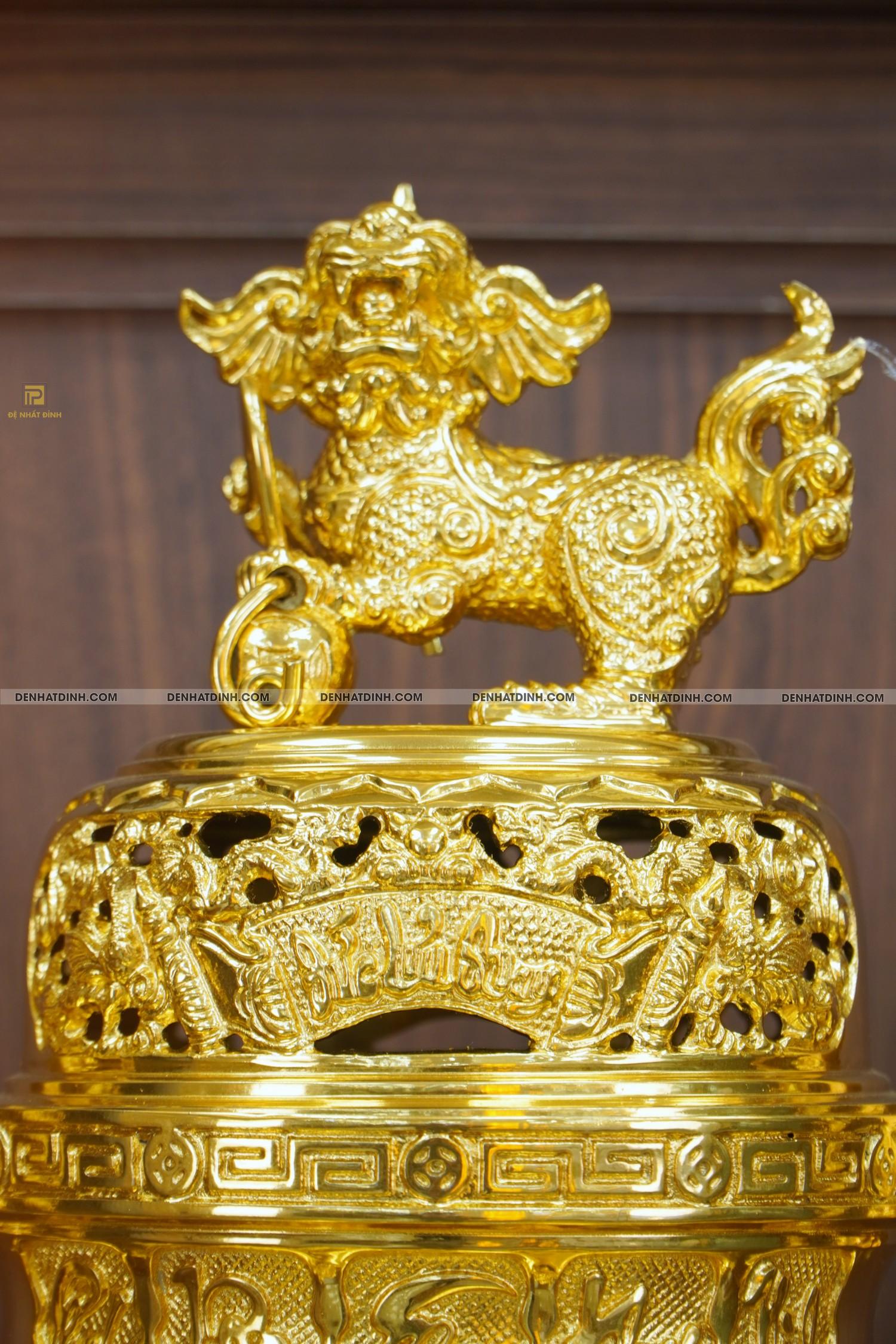 Bộ đỉnh đồng tam sự Cuốn Thư 65 hoa văn dát vàng 24K - Ảnh 4