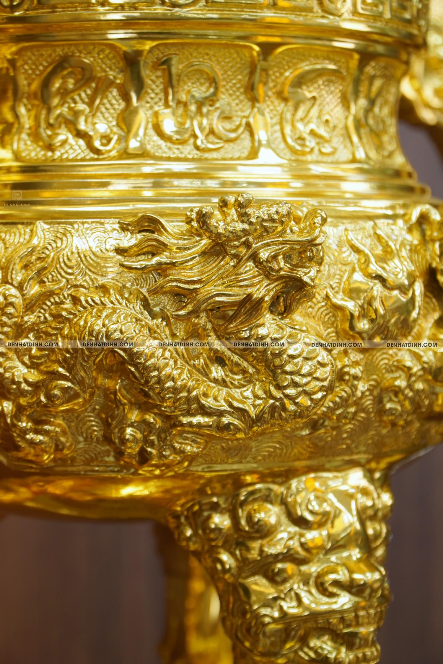 Bộ đỉnh đồng tam sự Cuốn Thư 65 hoa văn dát vàng 24K - Ảnh 6