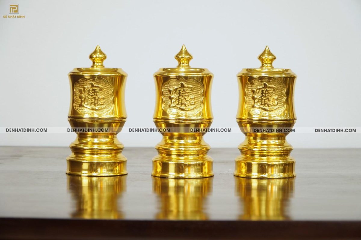 Bộ 3 đài thờ bằng đồng cao 12cm dát vàng 24k