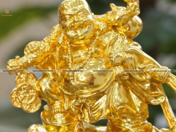 Alternative view of Tượng Phật Di Lặc kéo bao tiền bằng đồng Dát Vàng