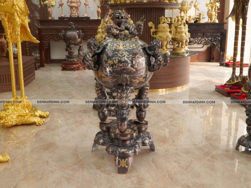 Đỉnh thất lân vờn cầu đồng đỏ khảm ngũ sắc 1m27