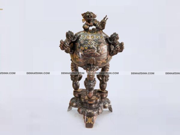 Alternative view of Đỉnh thất lân vờn cầu đồng đỏ khảm ngũ sắc 1m27