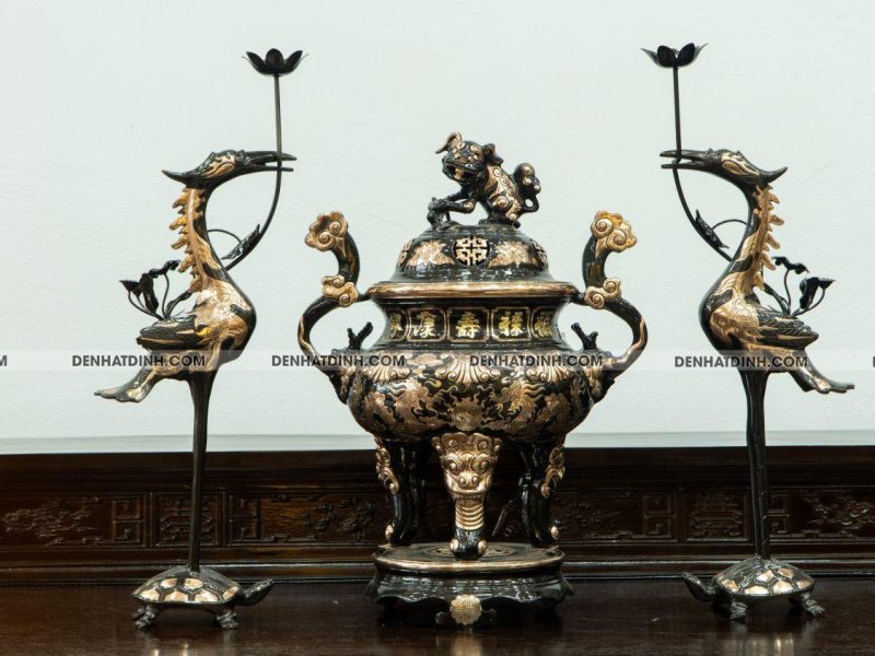 Bộ đỉnh tam sự hạc hoa sòi 60 đồng đỏ cạo