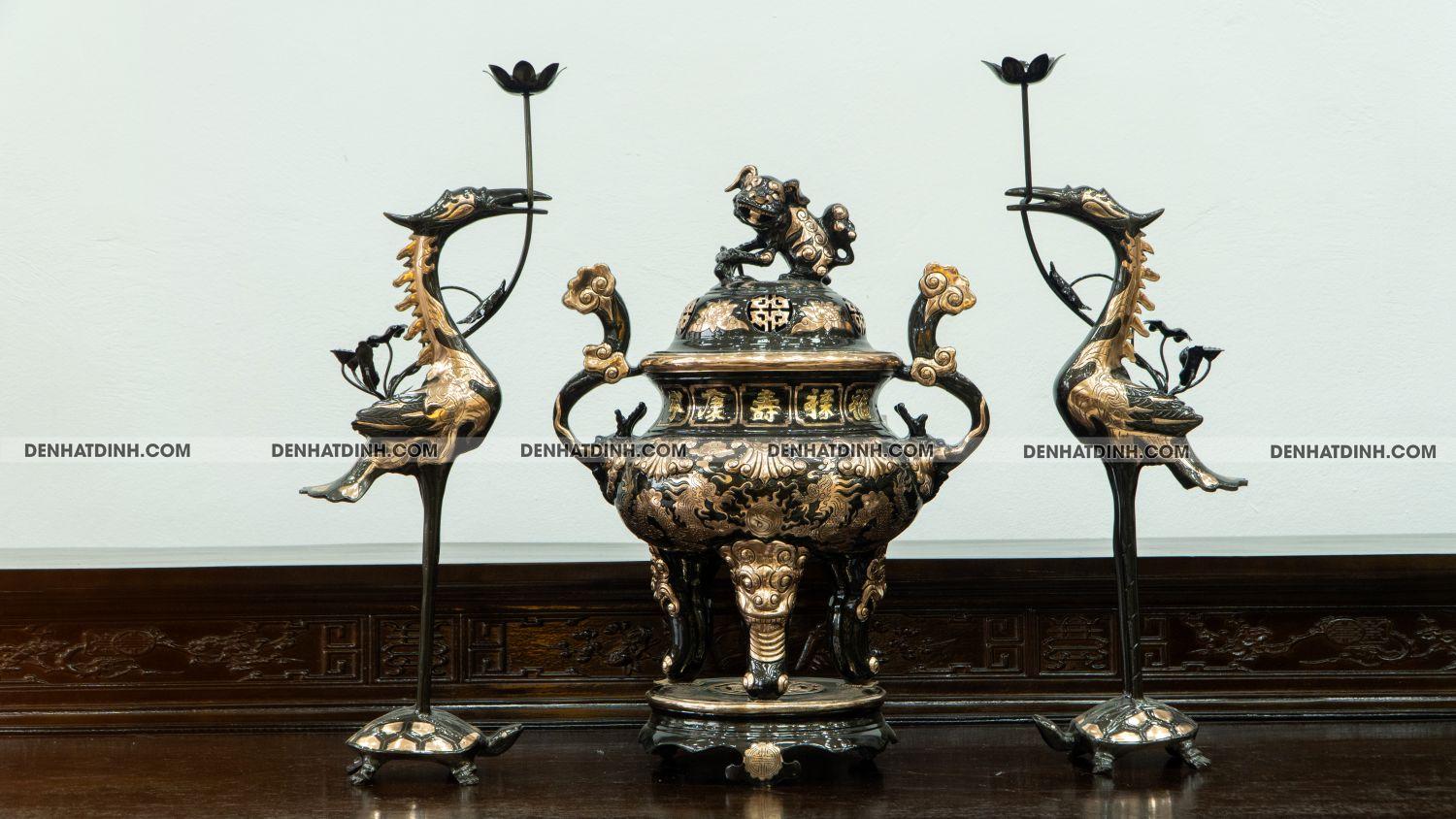 Bộ đỉnh tam sự hạc hoa sòi 60 đồng đỏ cạo