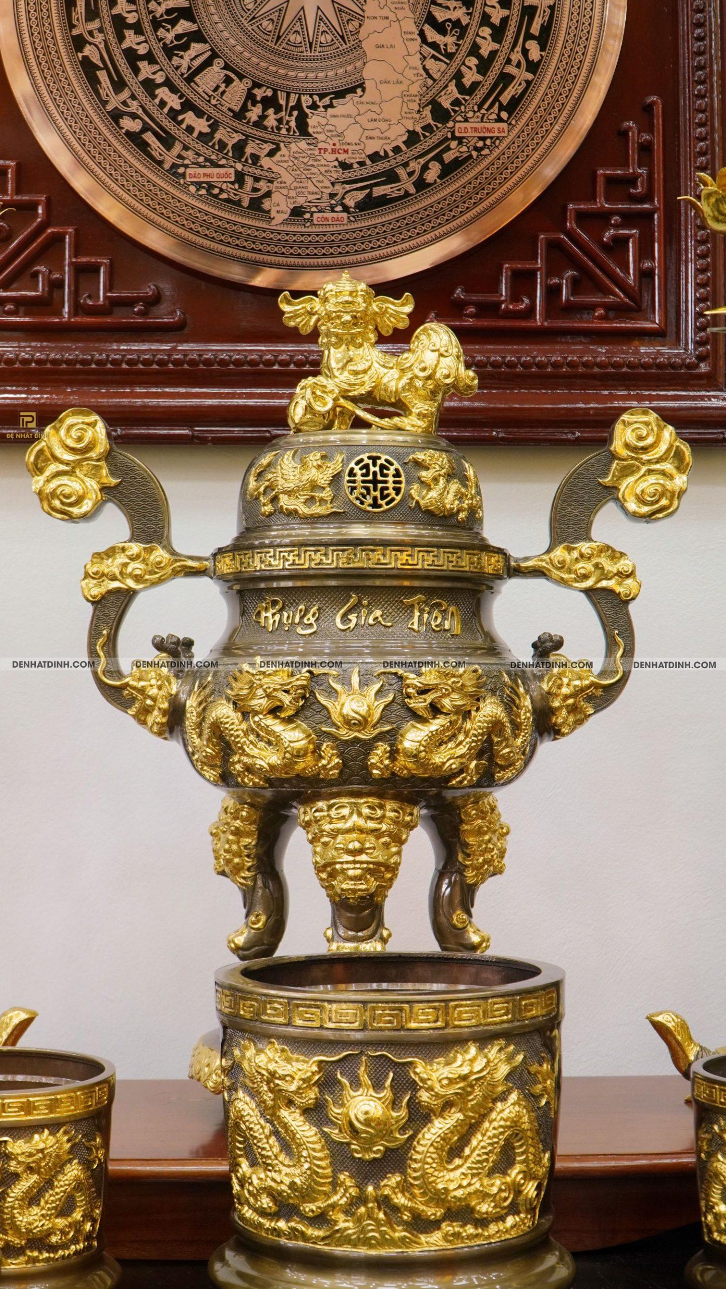 Bộ đỉnh đồng Phụng Gia Tiên dát vàng đi cùng các phụ kiện trên ban thờ - Ảnh 7