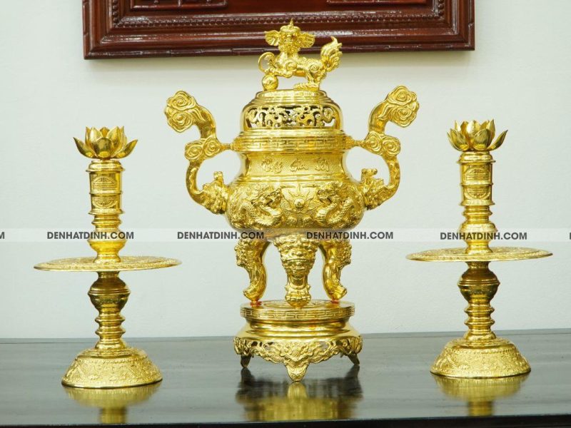 Bộ đỉnh đồng tam sự nến cao 65 Phụng Gia Tiên dát vàng kín 24k