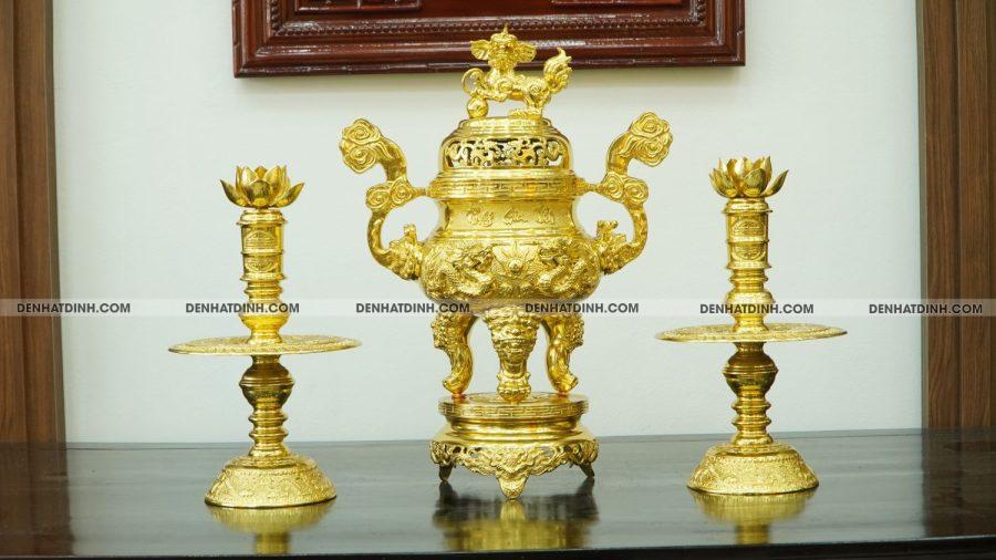 Bộ đỉnh đồng tam sự nến cao 65 Phụng Gia Tiên dát vàng kín 24k