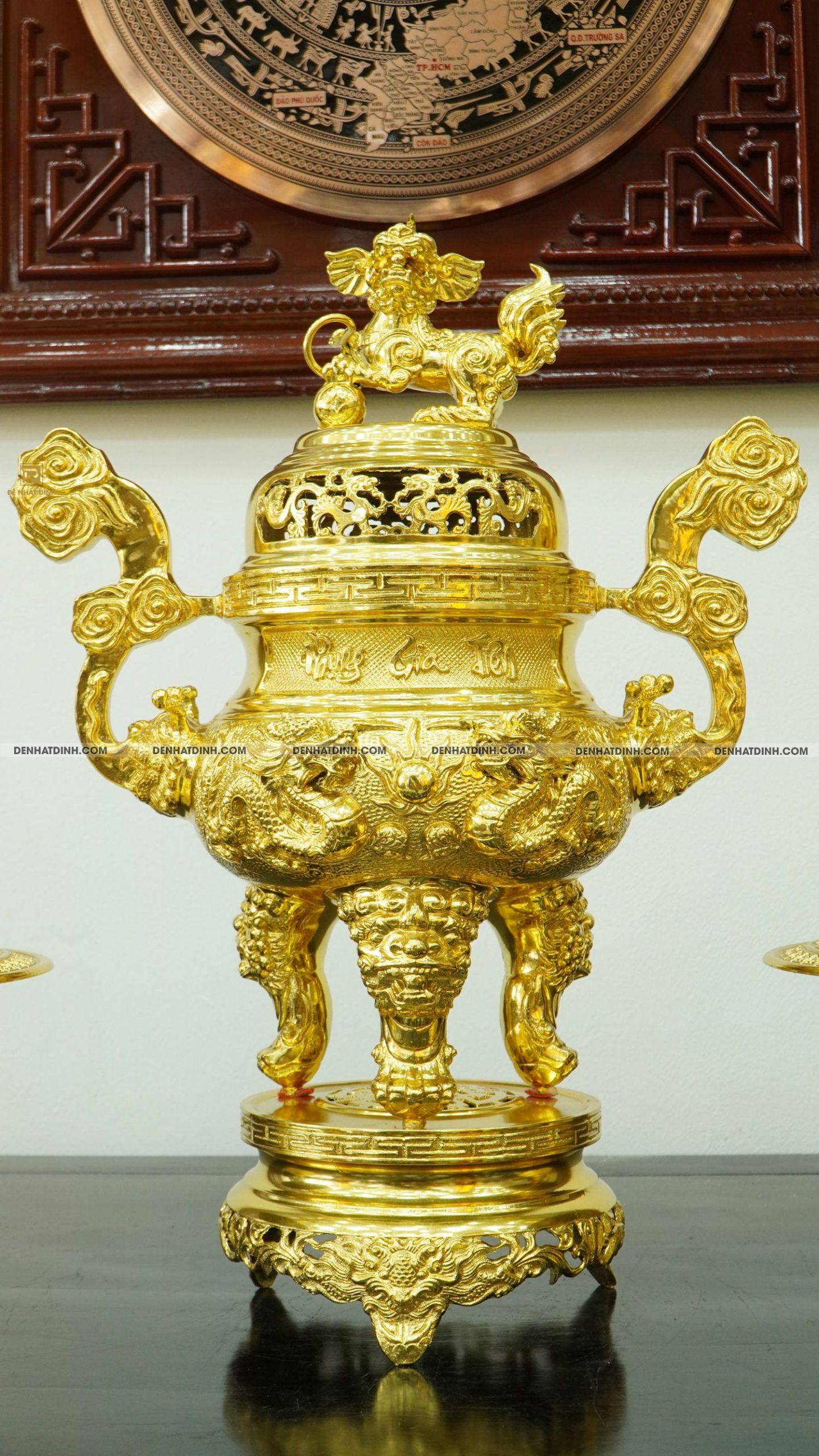 Bộ đỉnh đồng tam sự nến cao 65 Phụng Gia Tiên dát vàng kín 24k - Ảnh 3