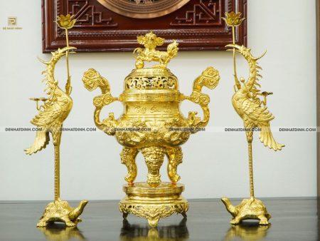 Bộ đỉnh đồng tam sự hạc Phụng Gia Tiên 65cm dát vàng toàn bộ