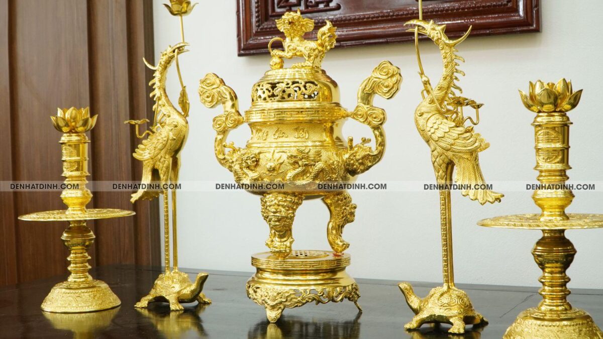 Bộ đỉnh đồng phụng gia tiên cao 65cm dát vàng toàn bộ