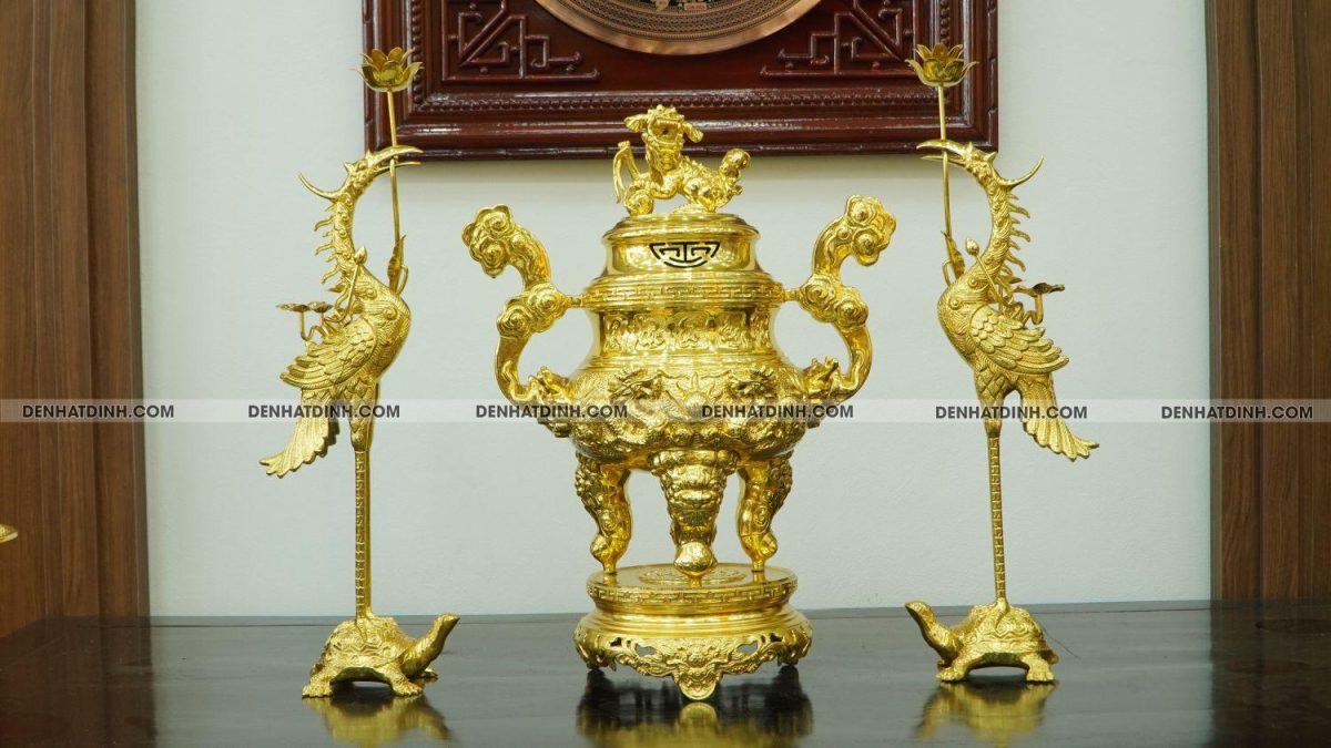 Bộ đỉnh đồng Tam Sự hạc song long 65 nắp thọ dát vàng kín 24k
