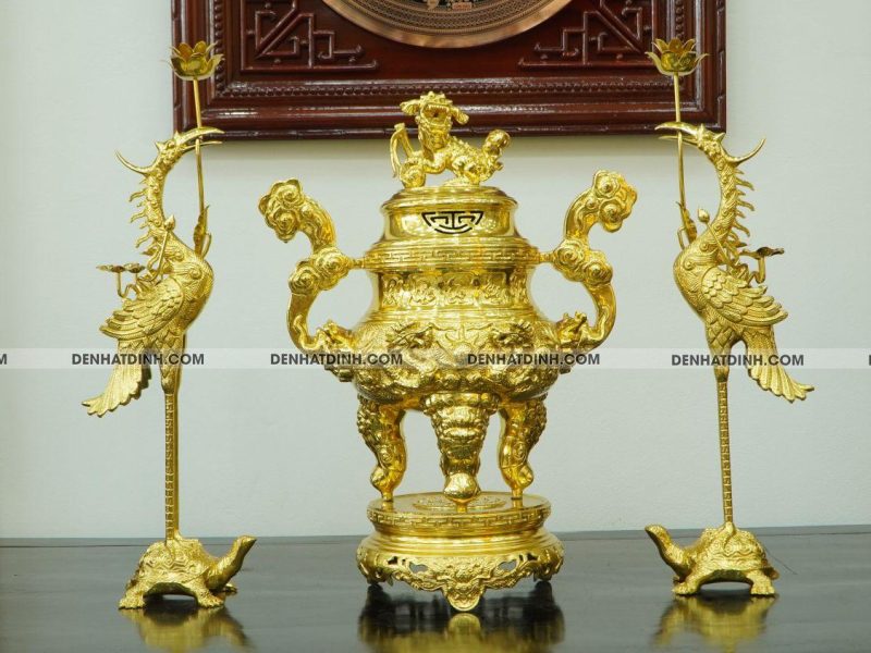 Bộ đỉnh đồng Tam Sự hạc song long 65 nắp thọ dát vàng kín 24k