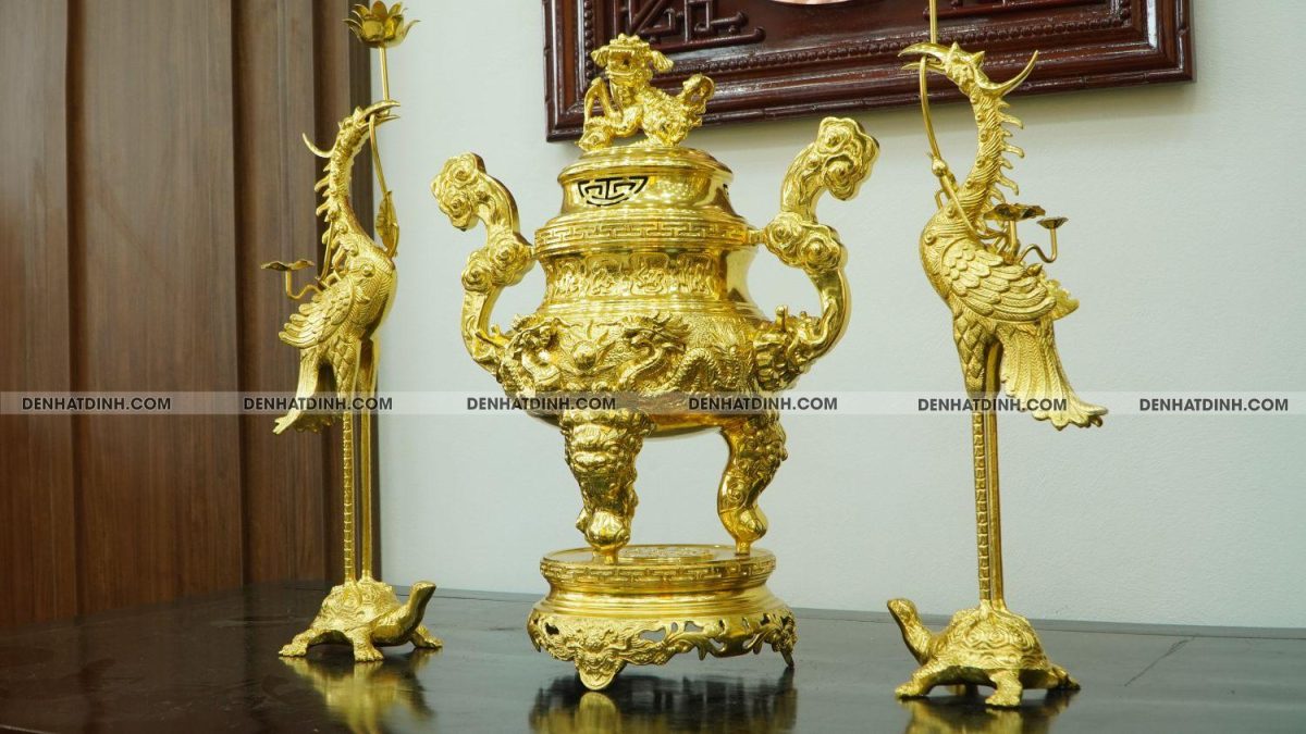 Bộ đỉnh đồng Tam Sự hạc song long 65 nắp thọ dát vàng kín 24k - Ảnh 2