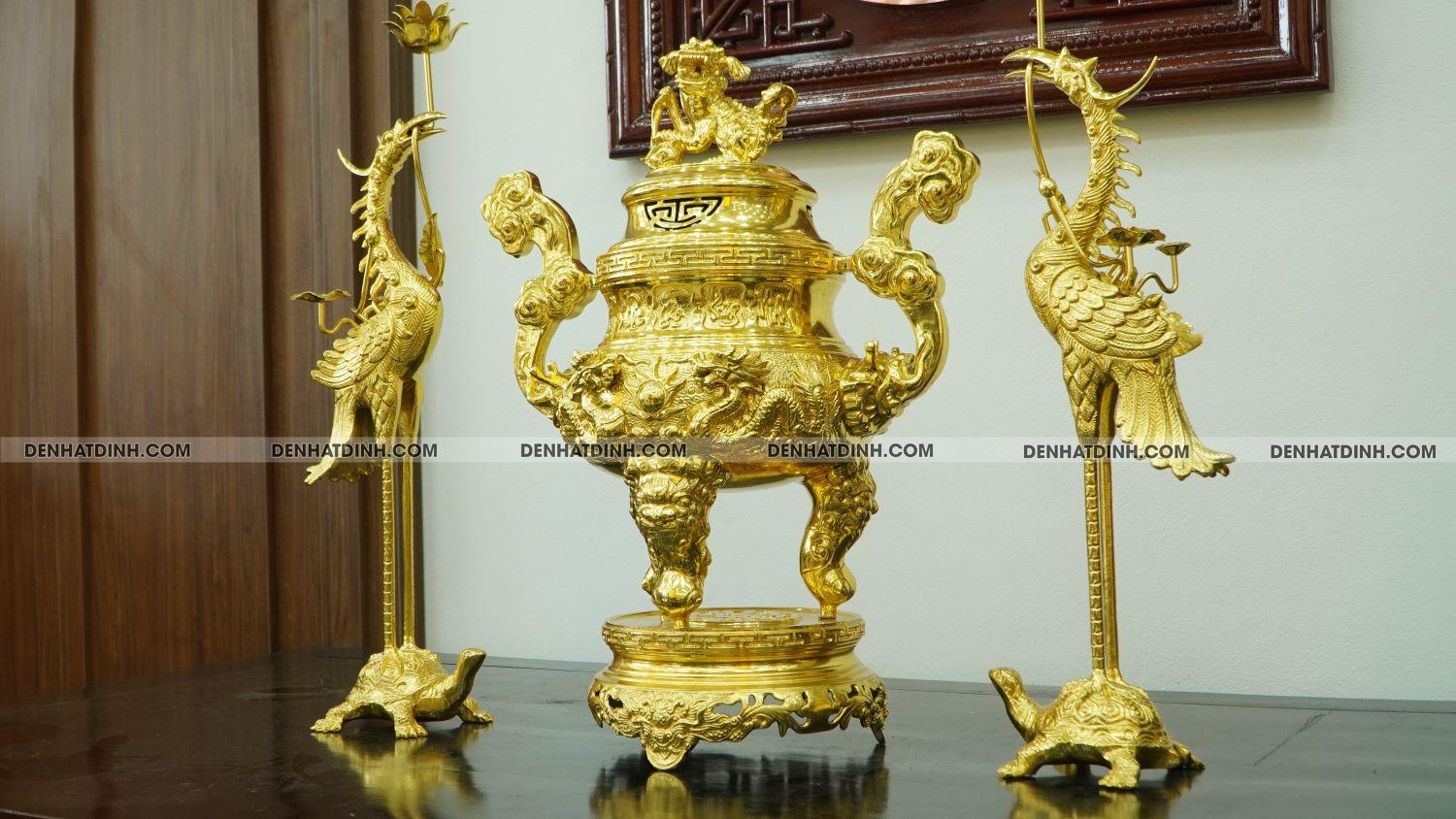 Bộ đỉnh đồng Tam Sự hạc song long 65 nắp thọ dát vàng kín 24k - Ảnh 2
