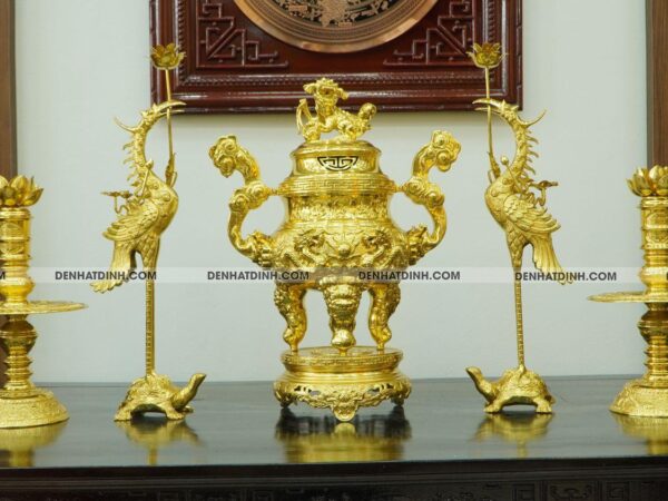 Bộ đỉnh đồng ngũ sự Song Long nắp chữ thọ đỉnh cao 66 dát vàng toàn bộ