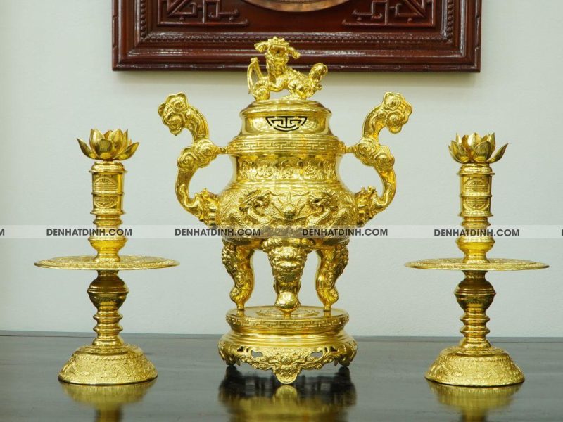 Bộ đỉnh đồng tam sự nến Song Long 66 nắp thọ dát vàng 24k toàn bộ