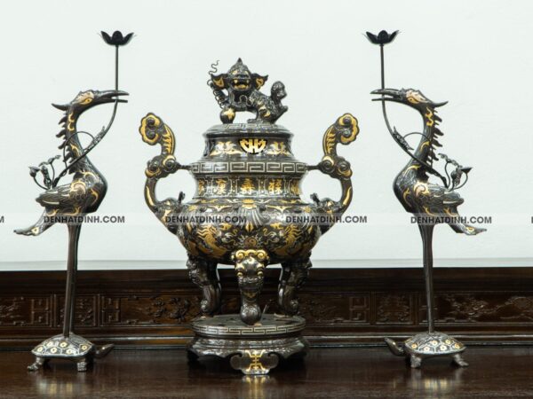 Bộ đỉnh đồng tam sự hạc hoa sòi 60 khảm tam khí