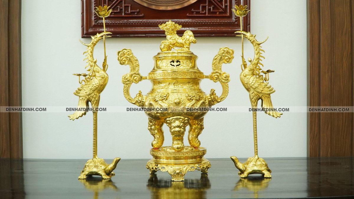 Bộ đỉnh đồng tam sự hạc Phụng Gia Tiên nắp thọ 66cm dát vàng toàn bộ