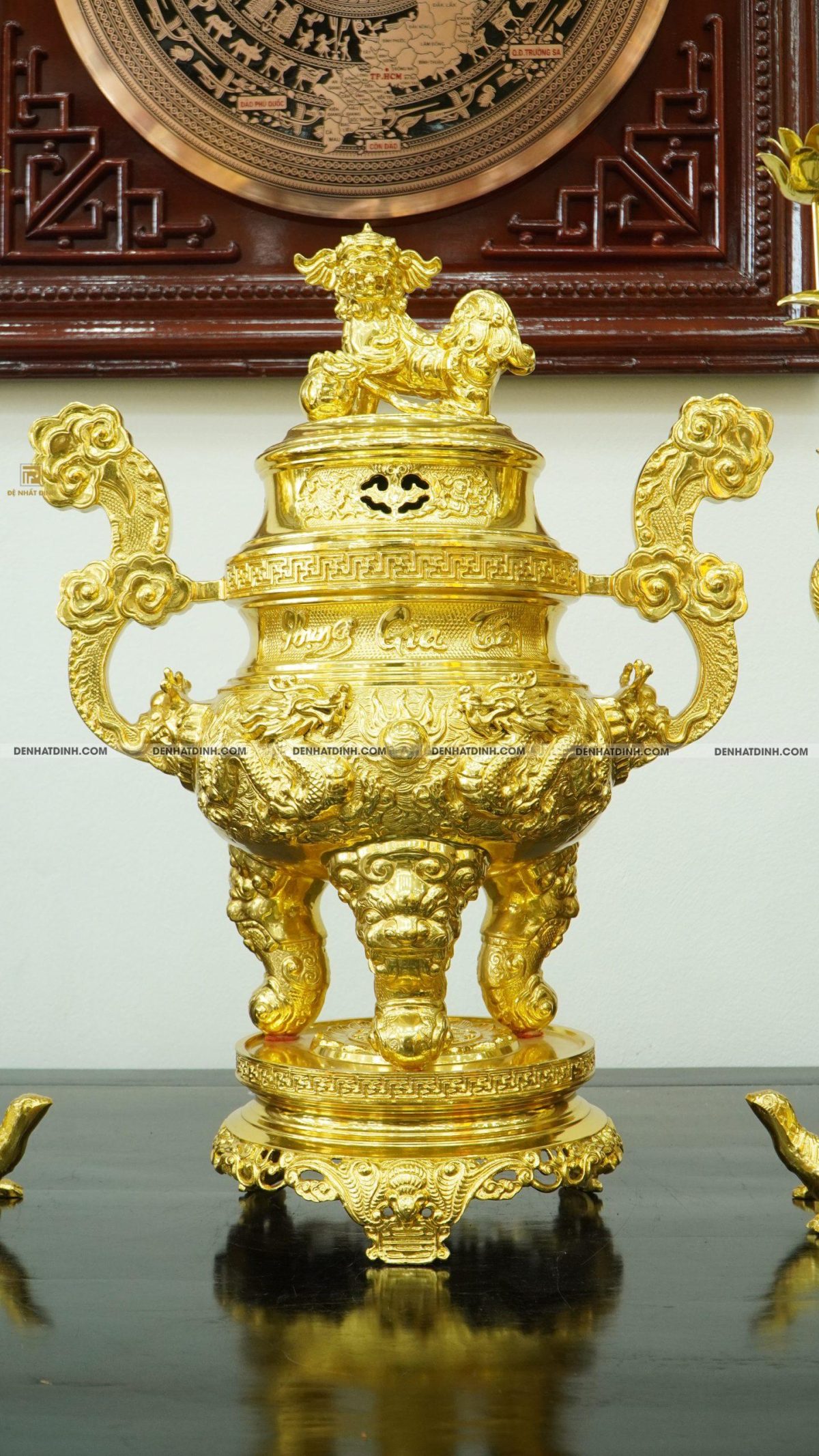 Bộ đỉnh đồng tam sự hạc Phụng Gia Tiên nắp thọ 66cm dát vàng toàn bộ - Ảnh 3