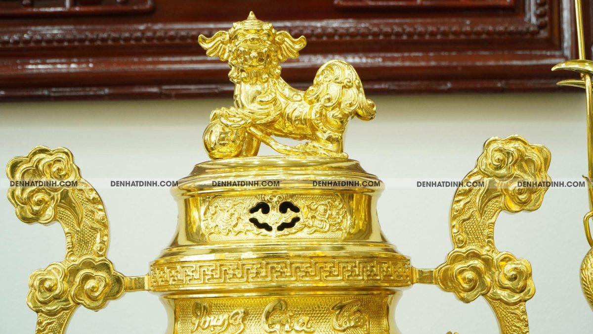 Bộ đỉnh đồng tam sự hạc Phụng Gia Tiên nắp thọ 66cm dát vàng toàn bộ - Ảnh 5