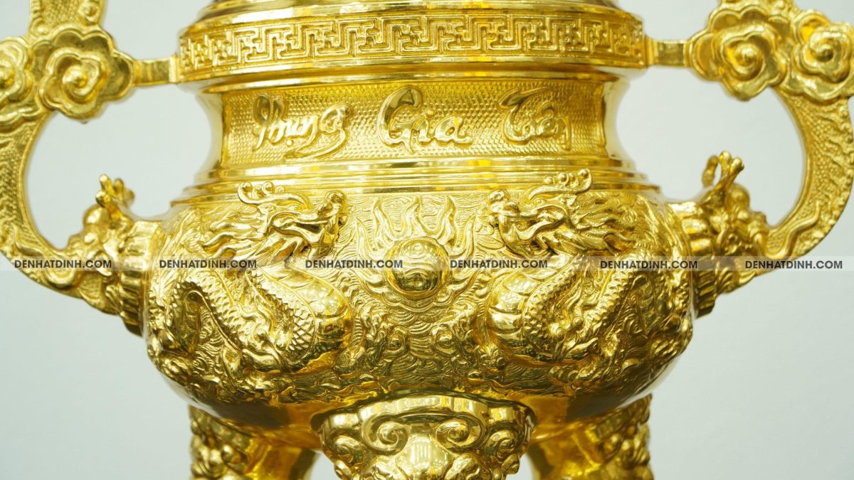 Bộ đỉnh đồng tam sự hạc Phụng Gia Tiên nắp thọ 66cm dát vàng toàn bộ - Ảnh 4