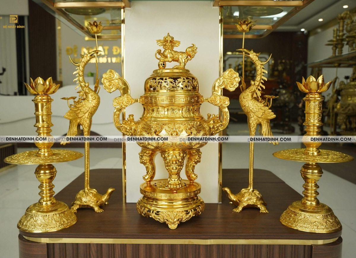 Bộ đỉnh đồng ngũ sự dát vàng 24K khắc 5 chữ Hán Phúc Lộc Thọ Khang Ninh