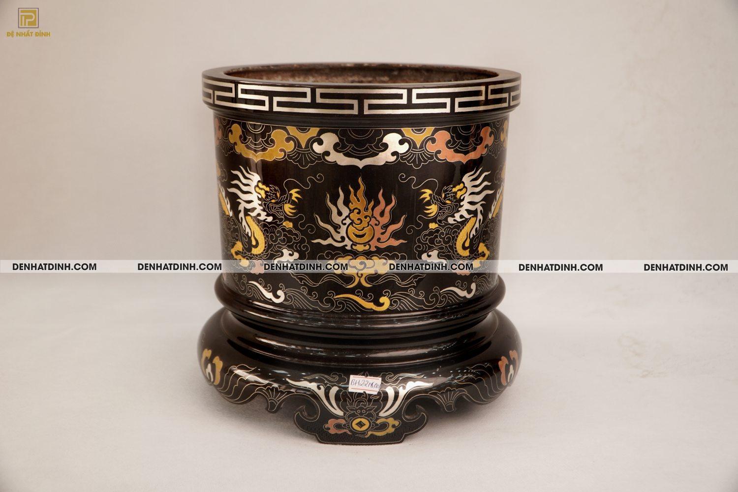 Bát hương 22 bằng đồng đỏ khảm ngũ sắc