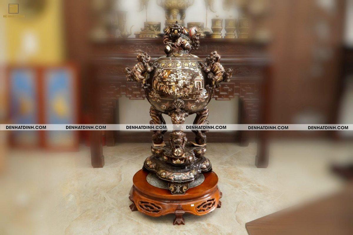 Đỉnh Thất lân đồng đỏ khảm ngũ sắc 1m17