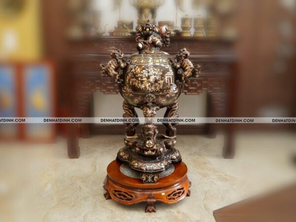 Đỉnh Thất lân đồng đỏ khảm ngũ sắc 1m17