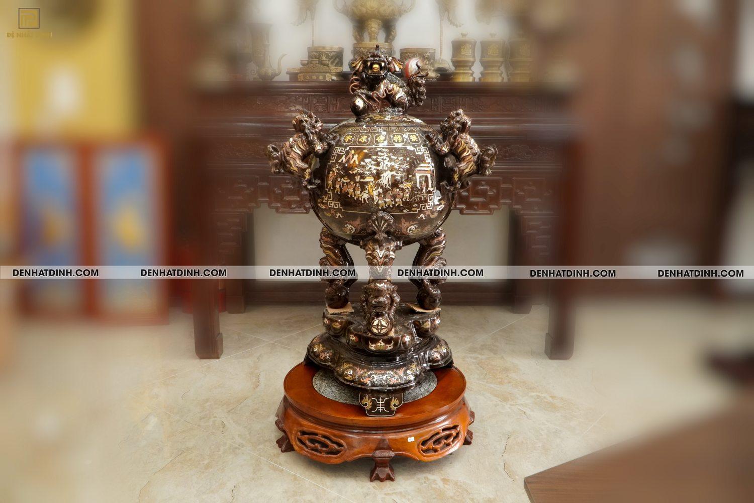 Đỉnh Thất lân đồng đỏ khảm ngũ sắc 1m17