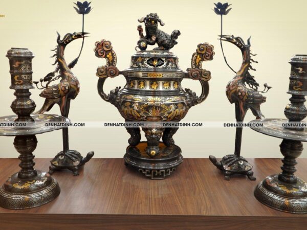 Bộ đỉnh đồng Ngũ sự song long 75 đồng đỏ khảm ngũ sắc