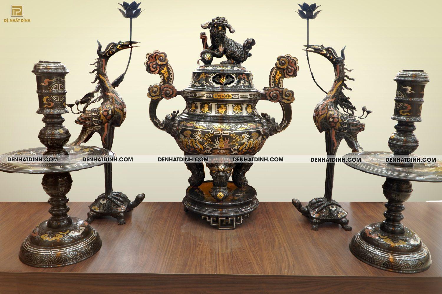 Bộ đỉnh đồng Ngũ sự song long 75 đồng đỏ khảm ngũ sắc