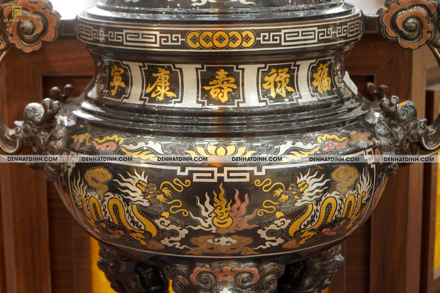 Bộ đỉnh đồng Ngũ sự song long 75 đồng đỏ khảm ngũ sắc - Ảnh 4