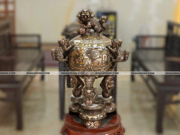 Đỉnh Thất lân vờn cầu đồng đỏ 90 khảm ngũ sắc