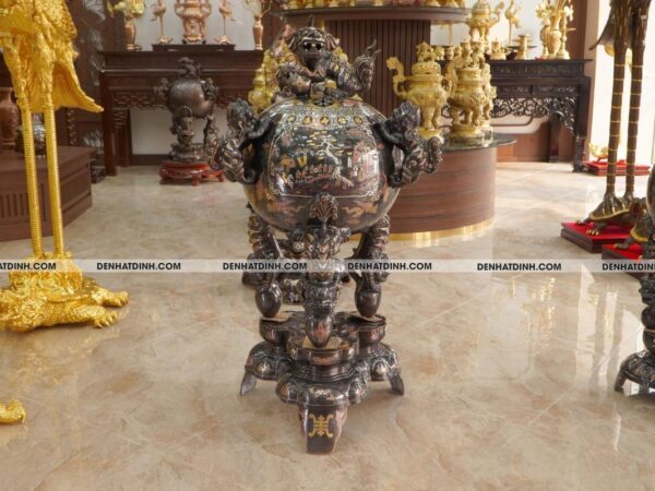 Đỉnh thất lân vờn cầu đồng đỏ khảm ngũ sắc 1m27