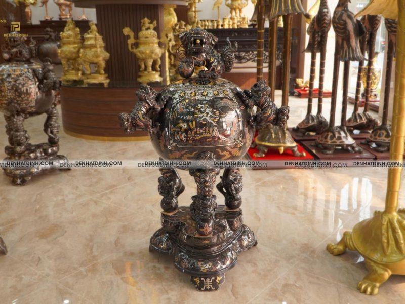 Đỉnh thất lân vờn cầu đồng đỏ khảm ngũ sắc 1m17