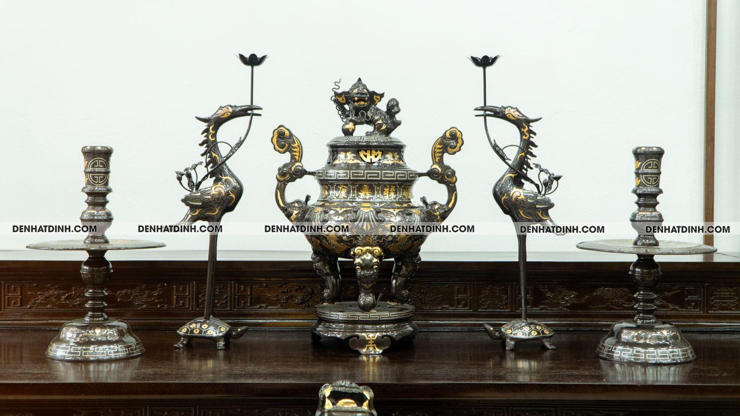 Bộ đỉnh đồng Ngũ sự hoa sòi 60 khảm tam khí -002 - Ảnh 2