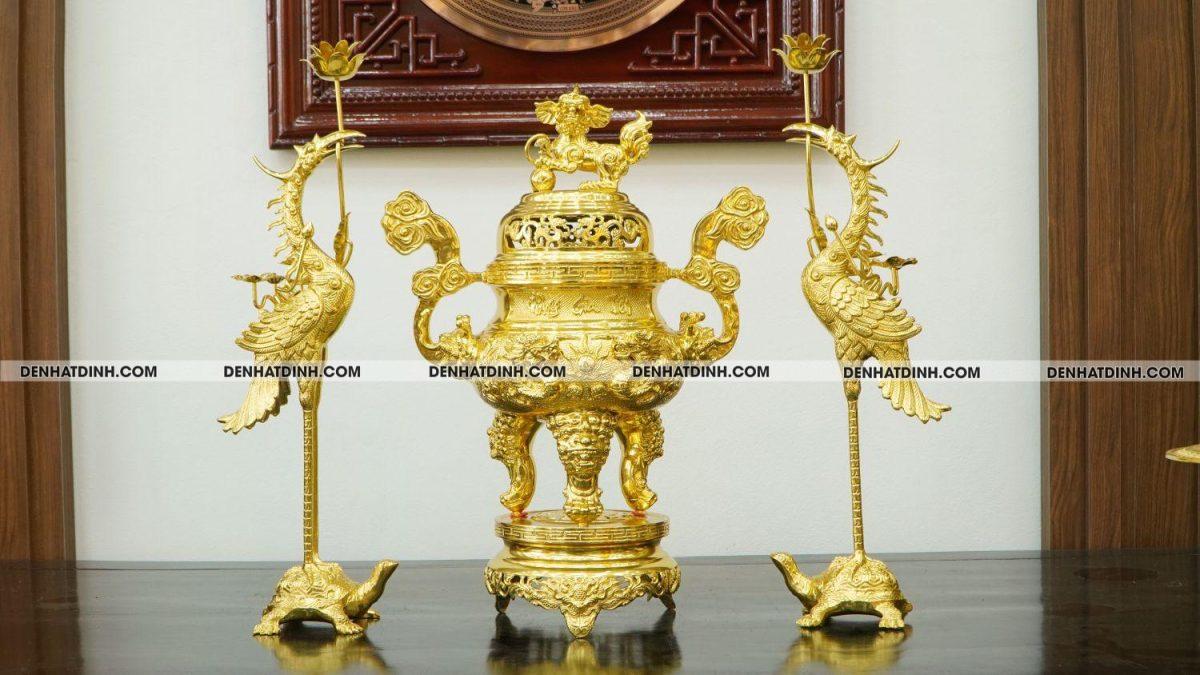 Bộ đỉnh đồng tam sự hạc Phụng Gia Tiên 65cm dát vàng toàn bộ