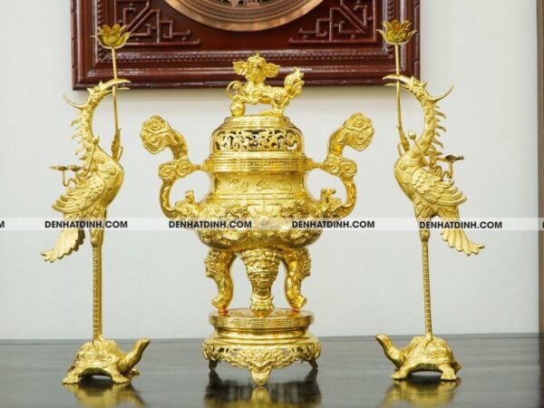 Bộ đỉnh đồng tam sự hạc Phụng Gia Tiên 65cm dát vàng toàn bộ