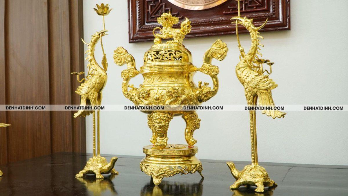 Bộ đỉnh đồng tam sự hạc Phụng Gia Tiên 65cm dát vàng toàn bộ - Ảnh 2