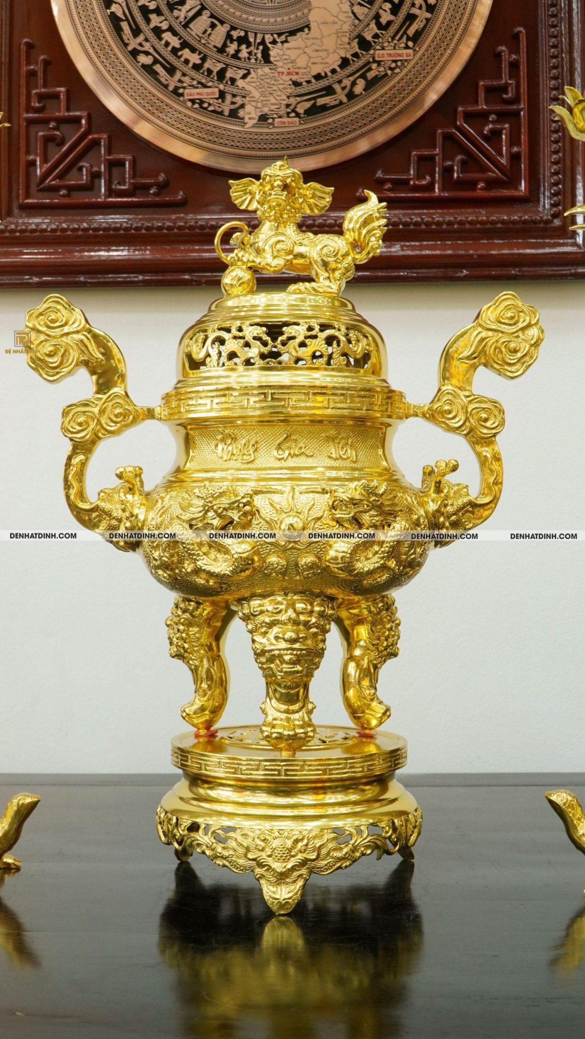 Bộ đỉnh đồng tam sự hạc Phụng Gia Tiên 65cm dát vàng toàn bộ - Ảnh 3