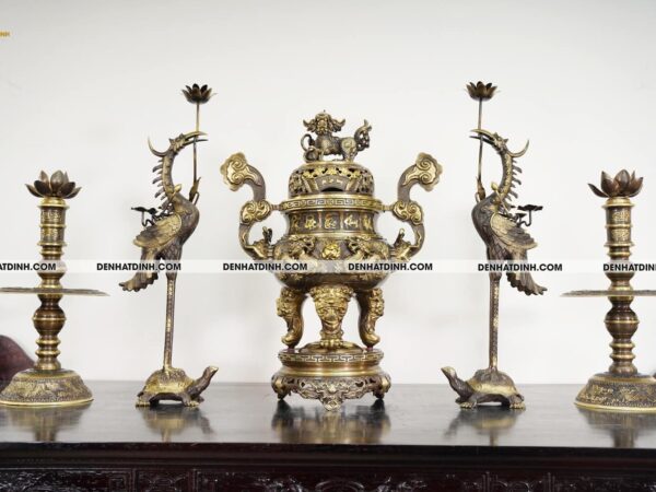 Bộ Ngũ Sự Họa Tiết Song Long Chầu Nguyệt & Nắp Cuốn Thư Cao 57cm - 65cm