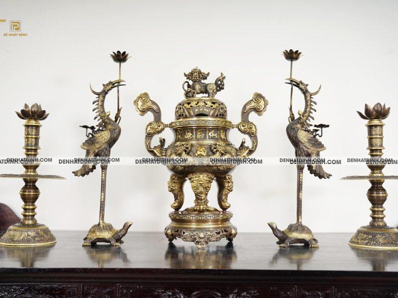 Bộ Ngũ Sự Họa Tiết Song Long Chầu Nguyệt & Nắp Cuốn Thư Cao 57cm - 65cm