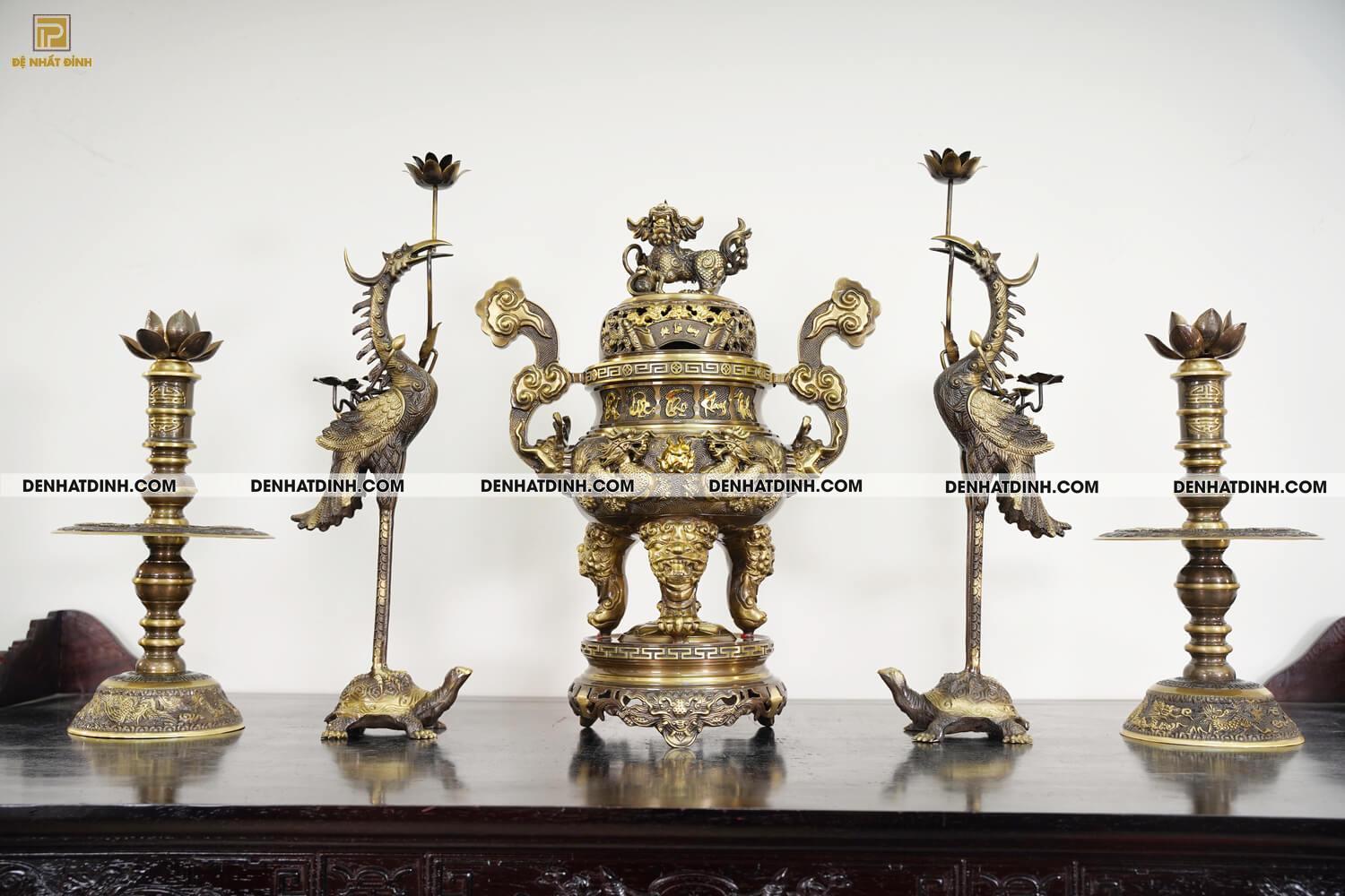 Bộ Ngũ Sự Họa Tiết Song Long Chầu Nguyệt & Nắp Cuốn Thư Cao 57cm - 65cm