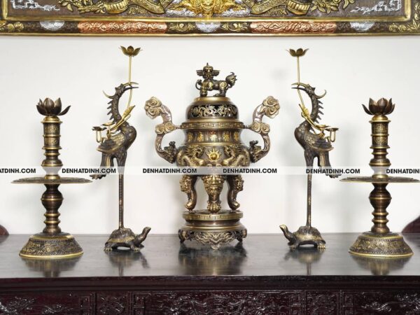 Bộ đỉnh thờ  Ngũ Sự Song Long 5 chữ Hán màu công nghệ