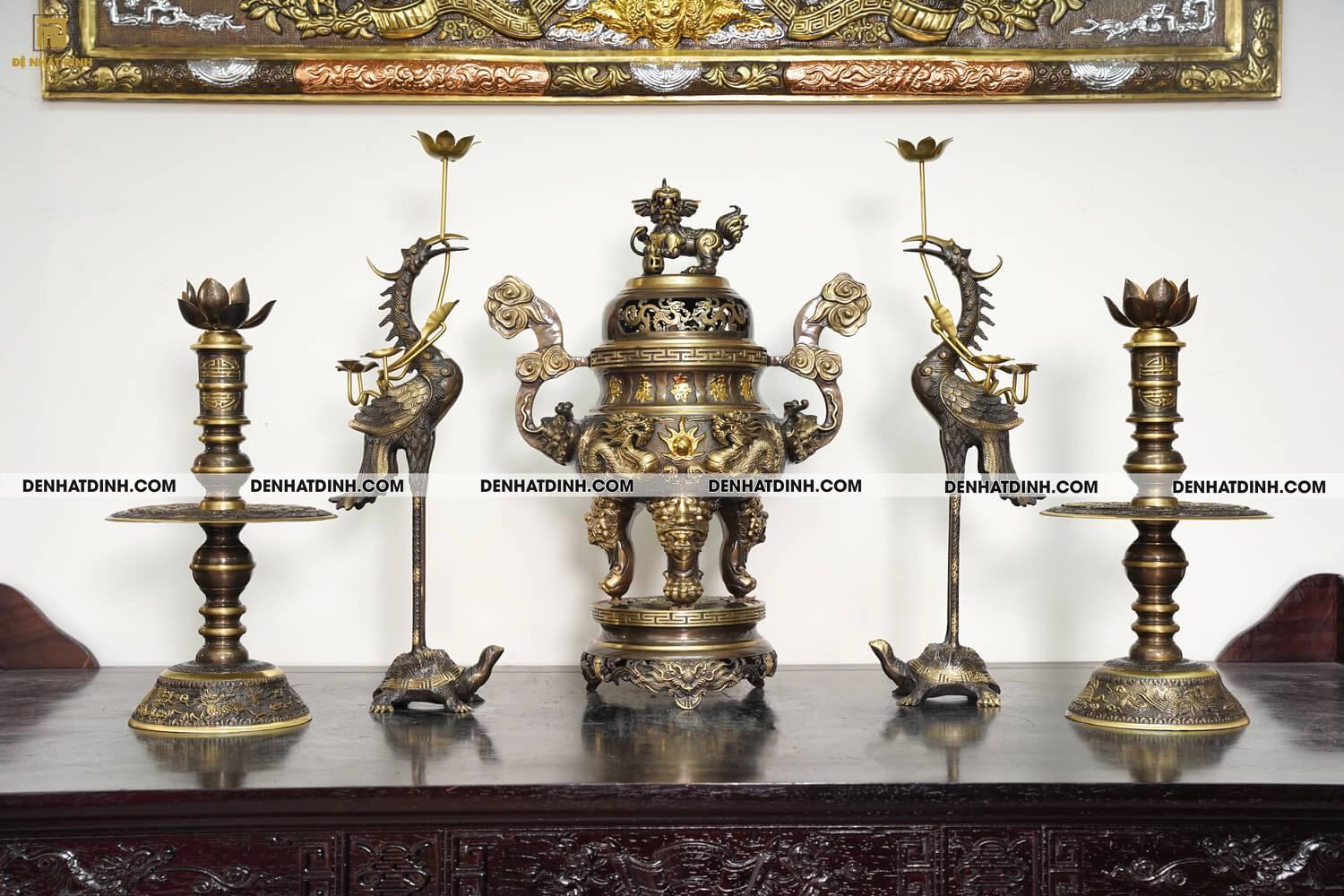 Bộ đỉnh thờ Ngũ Sự Song Long 5 chữ Hán màu công nghệ