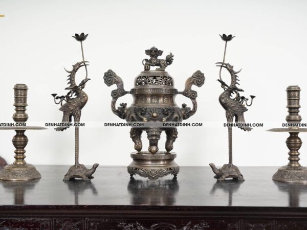 Bộ đỉnh đồng hun giả cổ Ngũ sự Song Long mẫu 3 Cao từ 40cm - 75cm