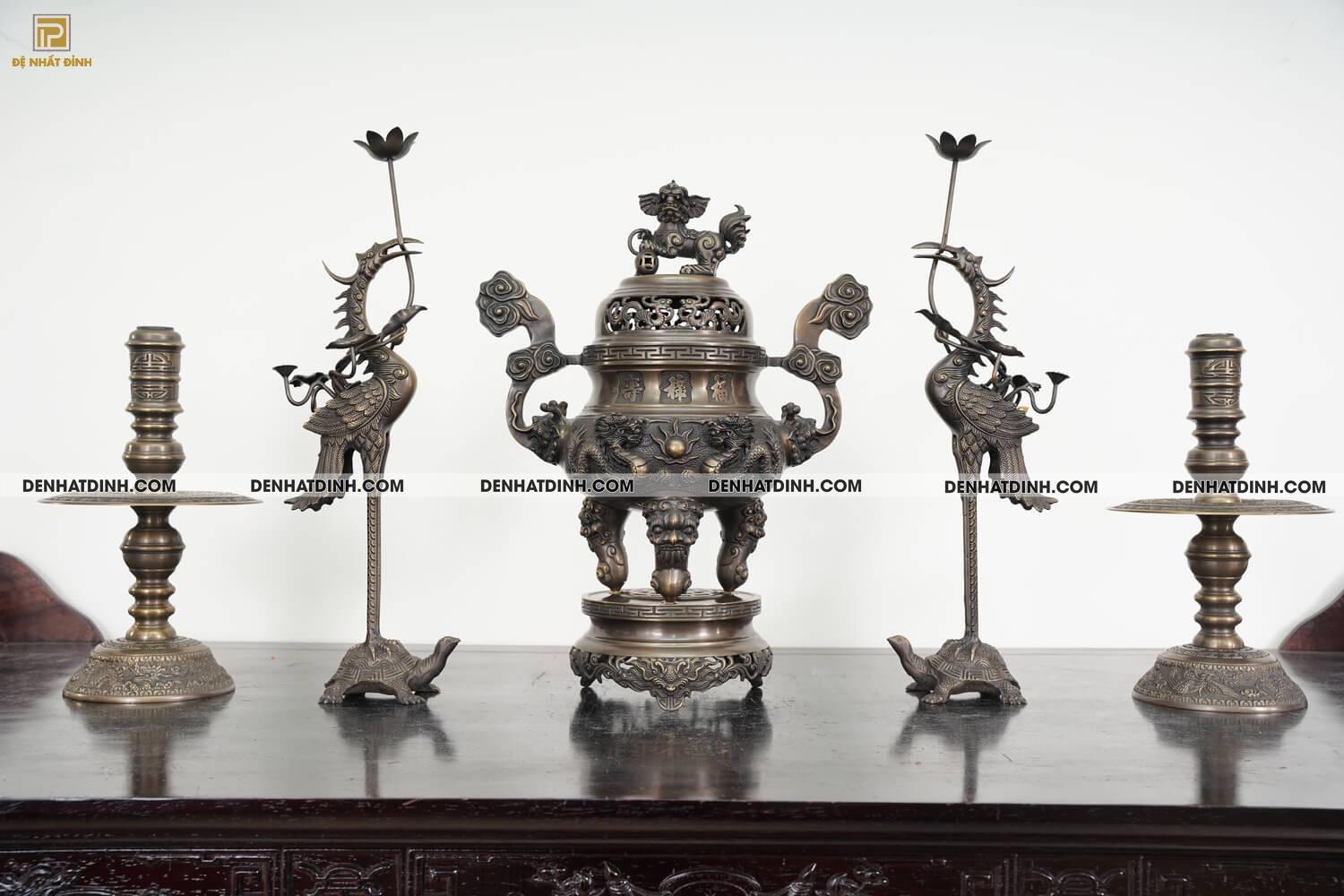 Bộ đỉnh đồng hun giả cổ Ngũ sự Song Long mẫu 3 Cao từ 40cm - 75cm